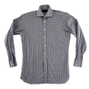 Hilditch & Key Contemporary Button Up Dress Shirt Mens 15.5 Brown Blue Plaid